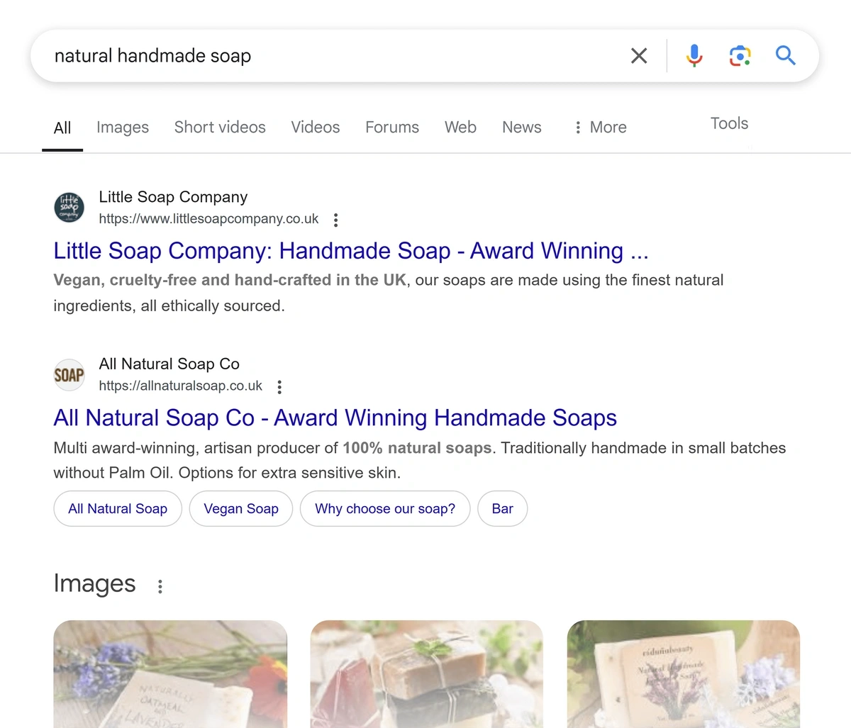 SERPs for an example query on Google