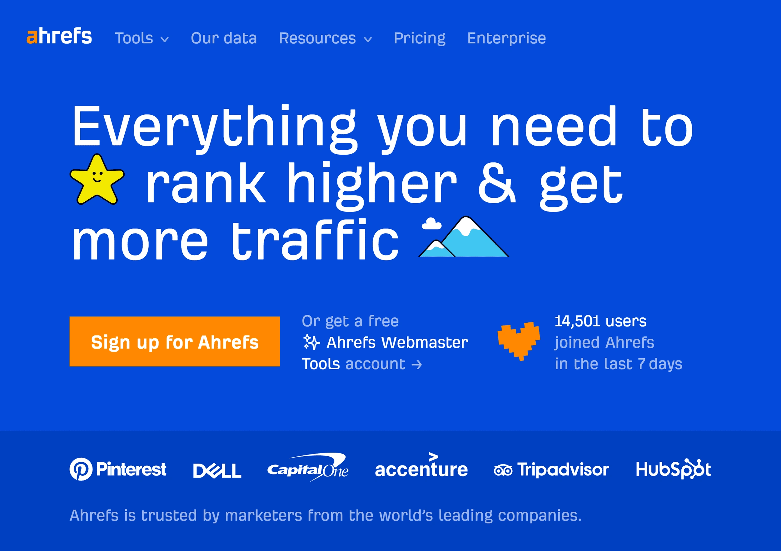  The blue and orange Ahrefs homepage features its user count and well-known customer logos.