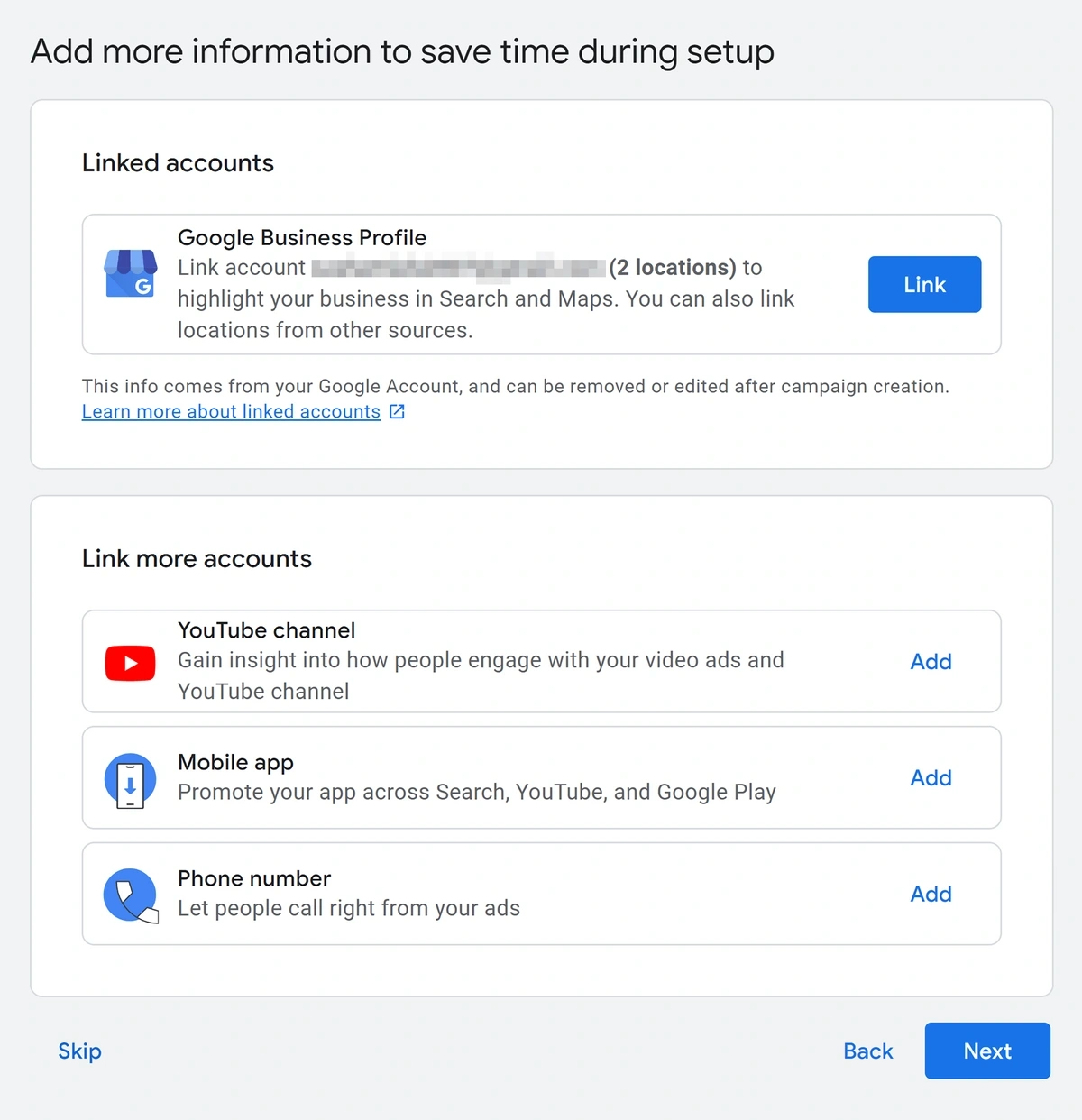 linked accounts options in google ads
