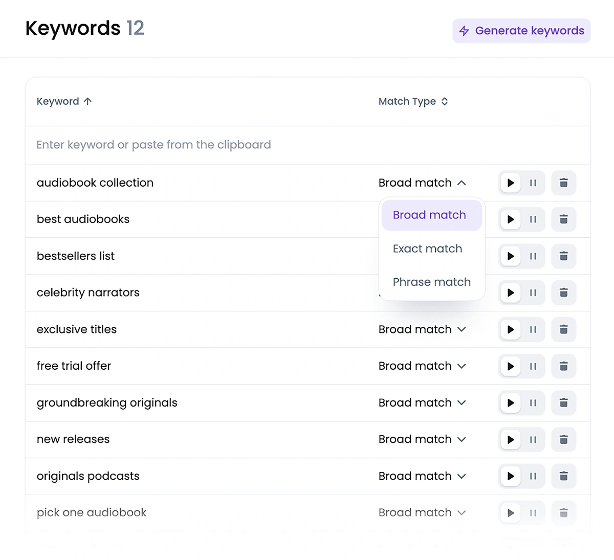 Choosing keyword match types in Semrush Ads Launch assistant