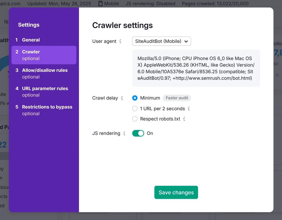 A pop up window in Semrush displays crawler settings.