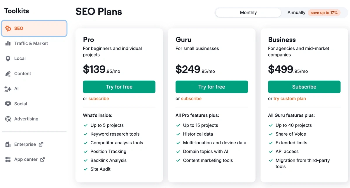 Semrush pricing table for SEO toolkit