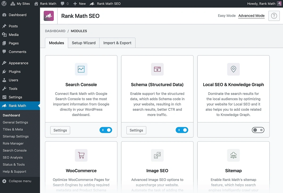 Rank Math SEO plugin dashboard