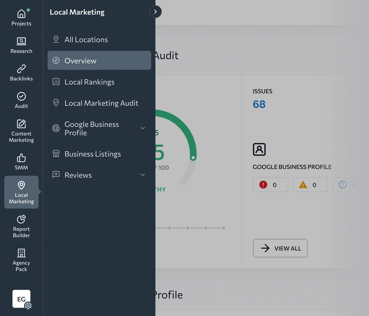  SE Ranking menus are dark gray and expand in two levels.