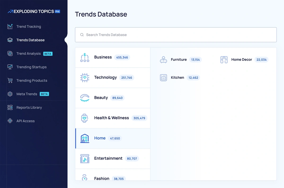 Categories in Exploding Topics Tends Database