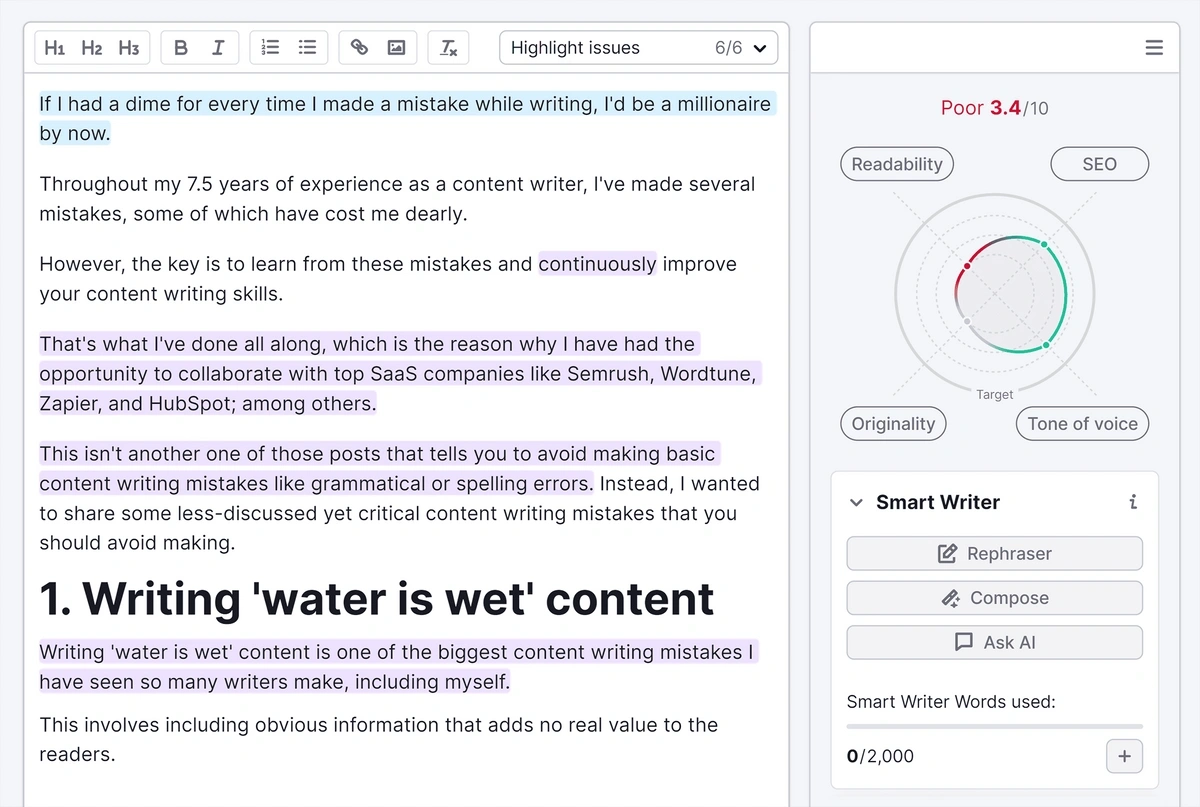 Semrush writing assistant tool