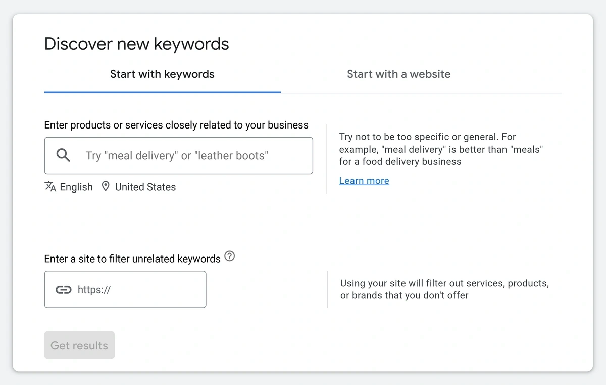 The Google Keyword Planner search interface has fields for keyword and URL